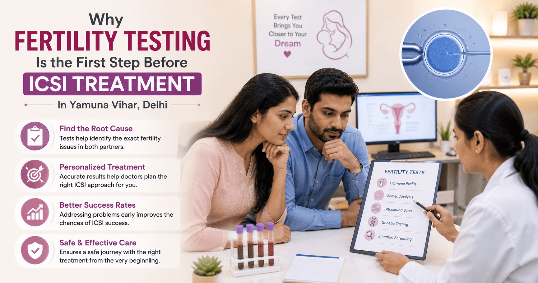 Couple discussing fertility testing with a doctor before ICSI treatment in Yamuna Vihar, Delhi.